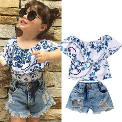 

Toddler Baby Girl Top T shirtRipped Denim Shorts Kids Outfits Set Summer Sunsuit