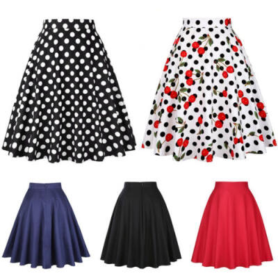 

Summer Women High Waist Skirt Sundress Pure Color Wave Dot Cherry Dress -XXL US