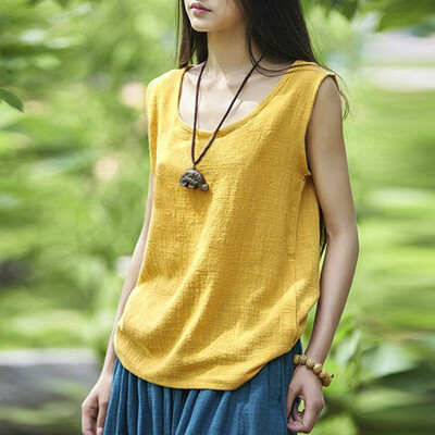 

Nomeni Women Vintage Sleeveless Cotton Linen Casual Loose Crop Tops Vests Blouse