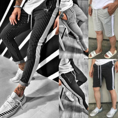 

Mens Tracksuit Bottoms Skinny Jogging Joggers Sweat Pants Striped short Trousers