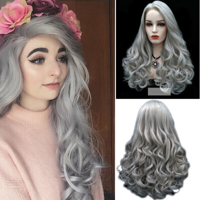 

〖Follure〗Womens Fashion Front lace Wig Gray White Hair Long Wigs Wave curls Wig