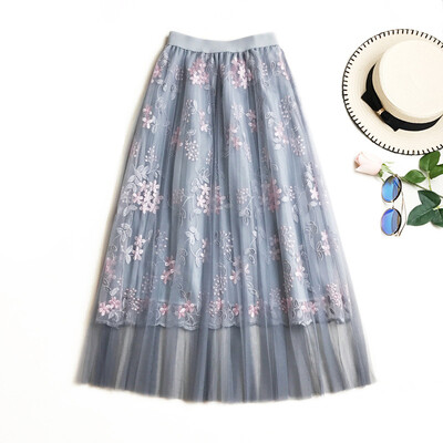 

Women Mesh Long Skirt Embroidery Floral Tulle Layered Voile Maxi Casual Skirt