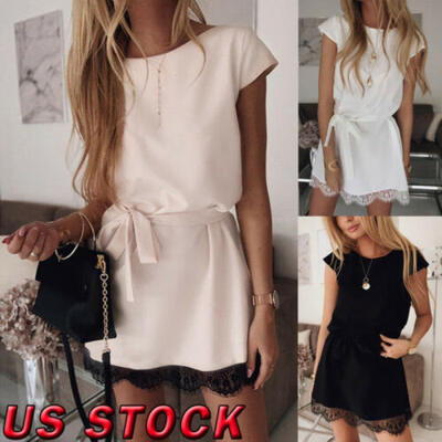 

Womens Short Sleeve Solid Mini Dress Summer Evening Party Club Beach Sundress