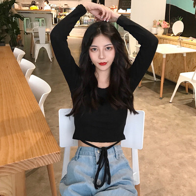 

Solid Color Round Neck Long Sleeve Knotted Short Paragraph Belly Navel Woman T-shirt Wild Autumn
