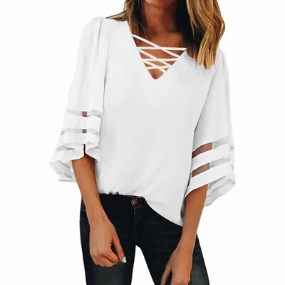 

Solid color loose shirt Womens cross V-neck bell-shaped seven-point sleeve shirt