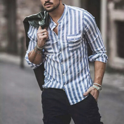 

Toponeto Fashion Men Collarless Relaxed Striped Long Sleeve Shirts Pockets Tops Blouse