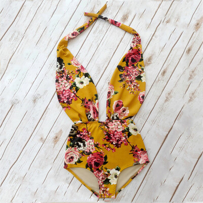 

Roseonmyhand Summer Women Fashion High Waist Floral One piece Swimsuit Sexy V-neck Swimwear