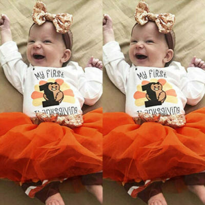 

Baby Girl First 1st Thanksgiving Party Dress Outfit Tutu Skirt Bow Headband 4PCS