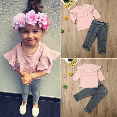 

Pretty Toddler Kids Girl Denim Pants Clothes 2 Pieces Set Butterfly Collar Long Sleeve Pink T Shirts Tops Jeans Trousers Outf