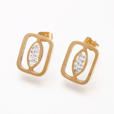 

304 Stainless Steel Stud Earrings with Polymer Clay Rhinestone Rectangle with Horse Eye Golden 14x11x25mm Pin 06mm