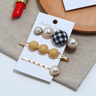 

Pearl Hair Clip Plaid Button Word Clip Side Clip Three Piece Set Candy Color Pearl Hair Clip Hairpin Headdress Accessories