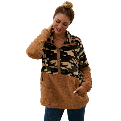 

Sweatshirt Women Plush Zipper Camouflage Stitching Hoodies Long Sleeve Casual Warm Winter Autumn Loose Pullover