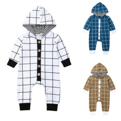 

Cute Newborn Kids Baby Boy Long Sleeve Grid Hooded Romper Jumpsuit Clothes 0-18M