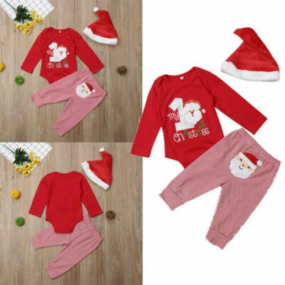 

Newborn Baby Kids Girls Boys Christmas Santas TopsStriped Pants Hats Outfits