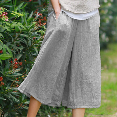 

Tailored Women Solid Cotton And Linen Pockets Casual Vintage Wide Leg Calf-Length Pants
