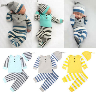 

US Newborn Infant Baby Girl Boy Stripe Outfit Clothes T-Shirt TopsPantsHat Set