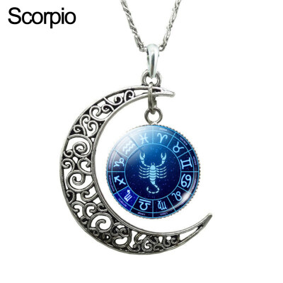 

Unisex Augury Jewelry 12 Constellations Hollow Crescent Moon Faux Gem Necklace