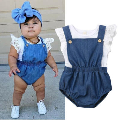 

Newborn Baby Girls Lace Cotton Top T-shirt Denim Romper Pants Outfits Clothes