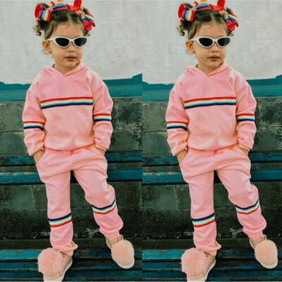

US Stock Baby Girl Toddler Kids Outfit Clothes Rainbow Stripe Sweatshirt Pants