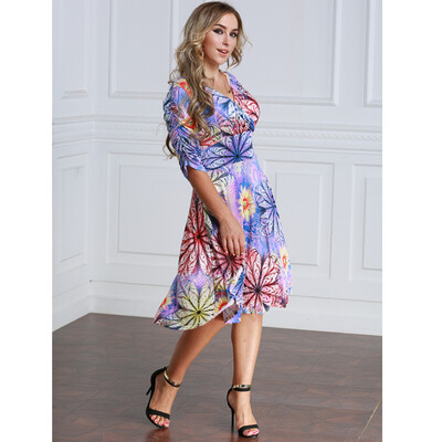 

Women Plus Size Dress Colorful Floral Print V Neck Half Sleeve Midi Slim Elegant One-Piece Purple