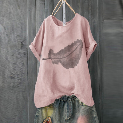 

Starmoon Plus Size Women Short Sleeve Cotton Linen O-Neck Print Blouse Top T-Shirt