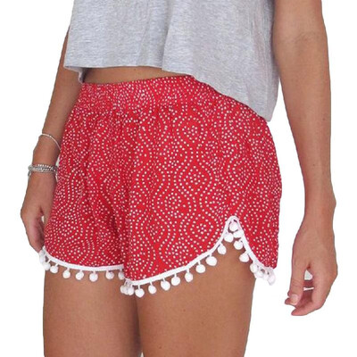 

Europe Fashion Women Beach Shorts Print Hairball Elastic Waist Casual Sexy Pants BlackRed