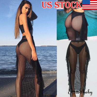 

Women Swimwear Bikini Cover Up Sheer Beach Skirt Sarong Long Mesh Maxi Dress US