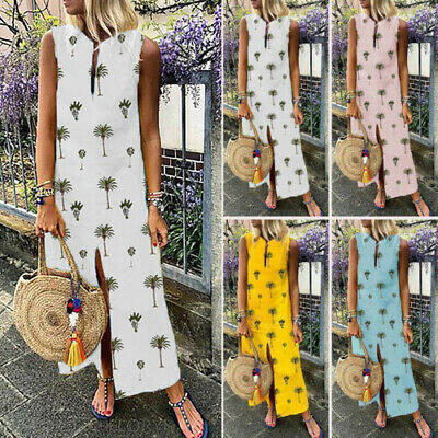 

Women Boho Long Maxi Dress Floral Print Split Sleeveless Beach Casual Loose US