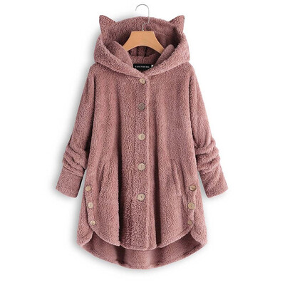 

2019 Autumn Winter Button Hooded Cat Ear Plush Top Irregular Solid color Long sleeve Coat