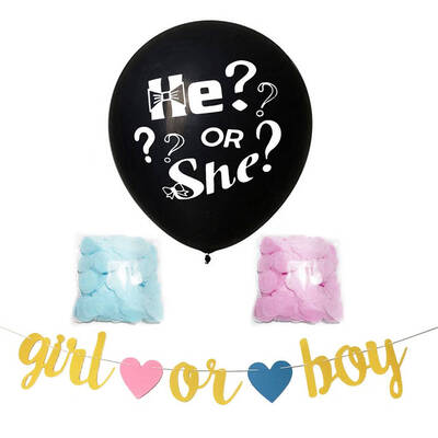 

1 Set 36 Inch Black Round Latex Balloon Banner Boy or Girl He or She Gender Reveal Party Balloon with Pink Blue Confetti