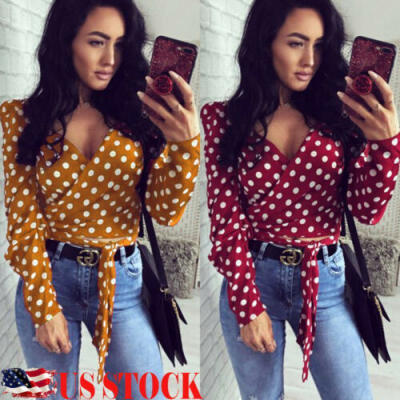 

Women Polka Dot V Neck Blouse Long Sleeve Tops Summer Casual Work Loose Shirts
