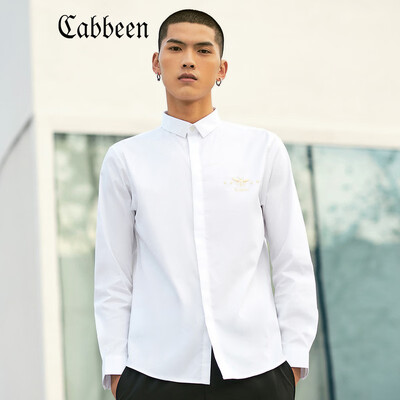 

Carbine mens 2019 spring new bee embroidered shirt casual long-sleeved square collar youth white shirt micro-elastic A drift white 50175L