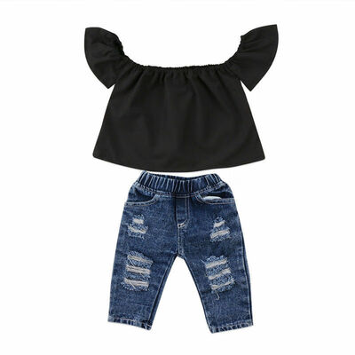 

Newborn Baby Girl Off-shoulder Tube TopsLong Pant Jeans Hole Denim Clothes