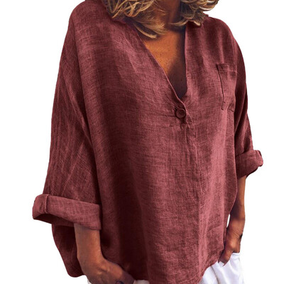 

Ladies Loose Shirts V-neck Summer Tops Casual T-shirt Solid Tops Retro Plus Size