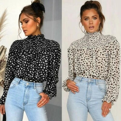 

Women Long Puff Sleeve Loose Chiffon Blouse Casual Lady Turtleneck T-Shirts Tops Dot Print Sexy Collect Waist Tops T-Shirt