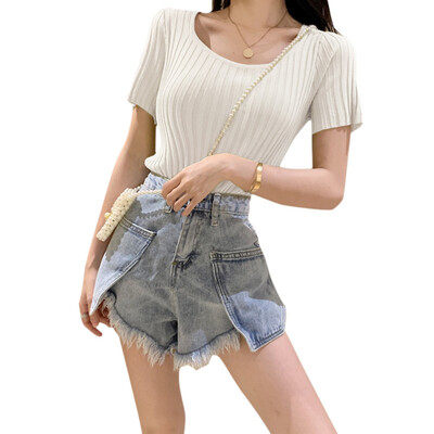 

Women Summer Concise Solid Color T Shirt U-shape Collar Short Sleeve Slim Fit T-shirts