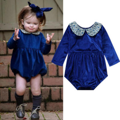 

Newborn Toddler Long Sleeve Romper Girls Peter Pan Collar Flannel Bodysuit Dress