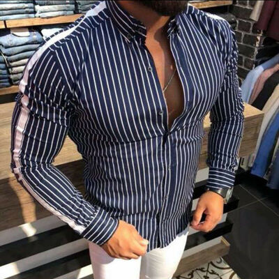 

Mens Slim Fit V Neck Long Sleeve Muscle Tee T-shirt Casual Tops Stripe Shirts