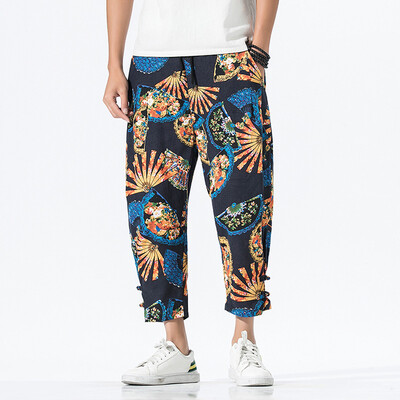 

Gobestart Mens Casual Vintage Loose Cotton Linen Printing Patchwork Ankle-Length Pant