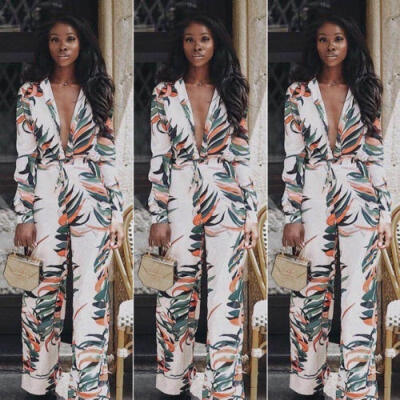 

Women´s Long Sleeve V Neck Flower Printed Bodycon Clubwear Party Jumpsuit Romper