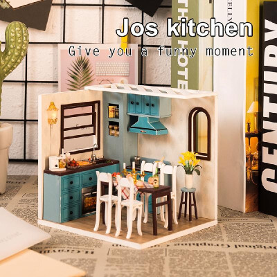 

DIY Dollhouse Kit DIY Wooden Kitchen Miniature Kit Kids Gift Parent-child Toy with LED light Dust Proof Cover