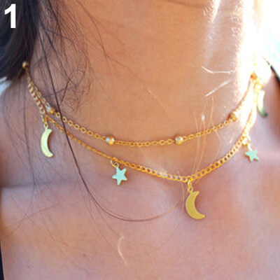 

Womens Vintage Simple Multilayer Crescent Star Bead Polished Short Necklace