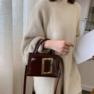 

Women Crossbody Bag PU Leather Solid Color Twin Grab Metal Mini Business Travel Handbag Shoulder Bag