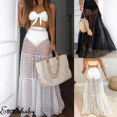 

Summer Womens See-Through Long Maxi Polka Dots Skirt Beach Dress Sundress US