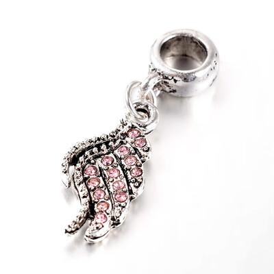 

Antique Silver Tone Large Hole Alloy Rhinestone European Dangle Beads with Wing Pendants Light Rose 32mm Hole 5mm