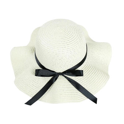 

Bowknot Decor Wave Large Brim Straw Cap for Women Beach Visor Hat Sun Cap