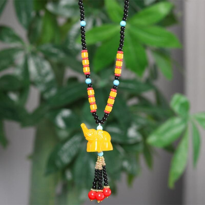 

Vintage Women Beads Necklace Elephant Pendant Semi-Precious Stones Korea Style Long Chain Sweater Bodhi Neckwear