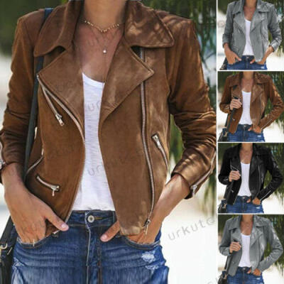 

Women Ladies Leather Jacket Coats Zip Up Biker Casual Flight Top Coat Outwear