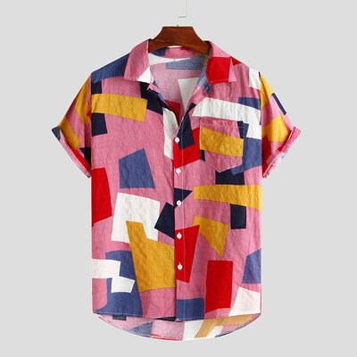 

Men Casual Short Sleeve T-shirts Lapel Beach Loose Shirts Print Buttons Tops Tee
