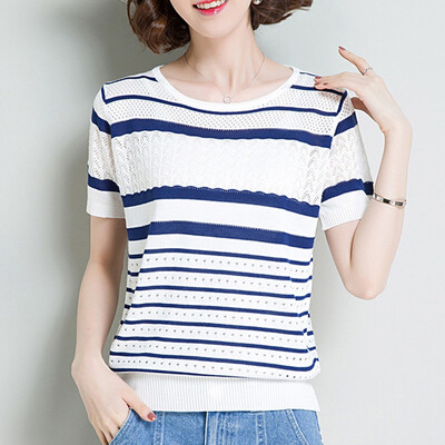 

Starmoon Women Fashion Leisure O-Neck Short Sleeve Stripe T-Shirt Tops Knitting Blouse